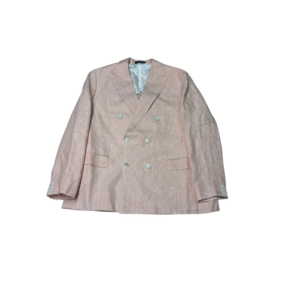 Banana Republic Mens Salmon Pink  Linen Double Breasted Suit 44R Slim Fit 36x25